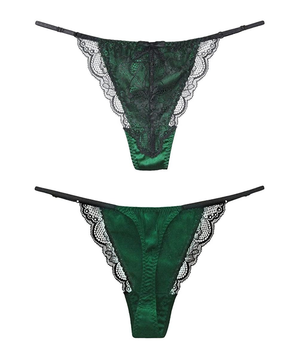 Panties Womens Silk Satin Thong Panties Lace G String Thong T Back Shiny Satin Underwear - Emerald - CI1800IC9AA