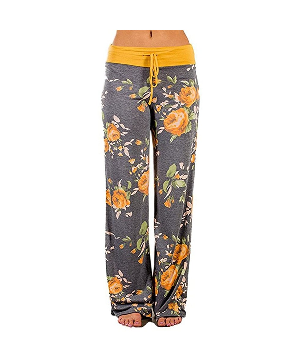 Bottoms Women's Casual Pajama Pants Printed Drawstring Comfy Palazzo Lounge Pants Wide Leg - D - Yellow - CF194083K7K