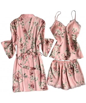 Robes Women Sleepwear Set Pyjama Silky Satin Nightwear Nighties Robes Print Lace Cami - Pink 1 - CC1902TWGC5