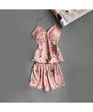 Robes Women Sleepwear Set Pyjama Silky Satin Nightwear Nighties Robes Print Lace Cami - Pink 1 - CC1902TWGC5