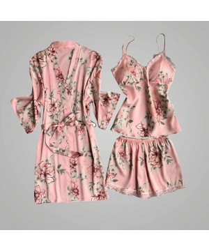 Robes Women Sleepwear Set Pyjama Silky Satin Nightwear Nighties Robes Print Lace Cami - Pink 1 - CC1902TWGC5