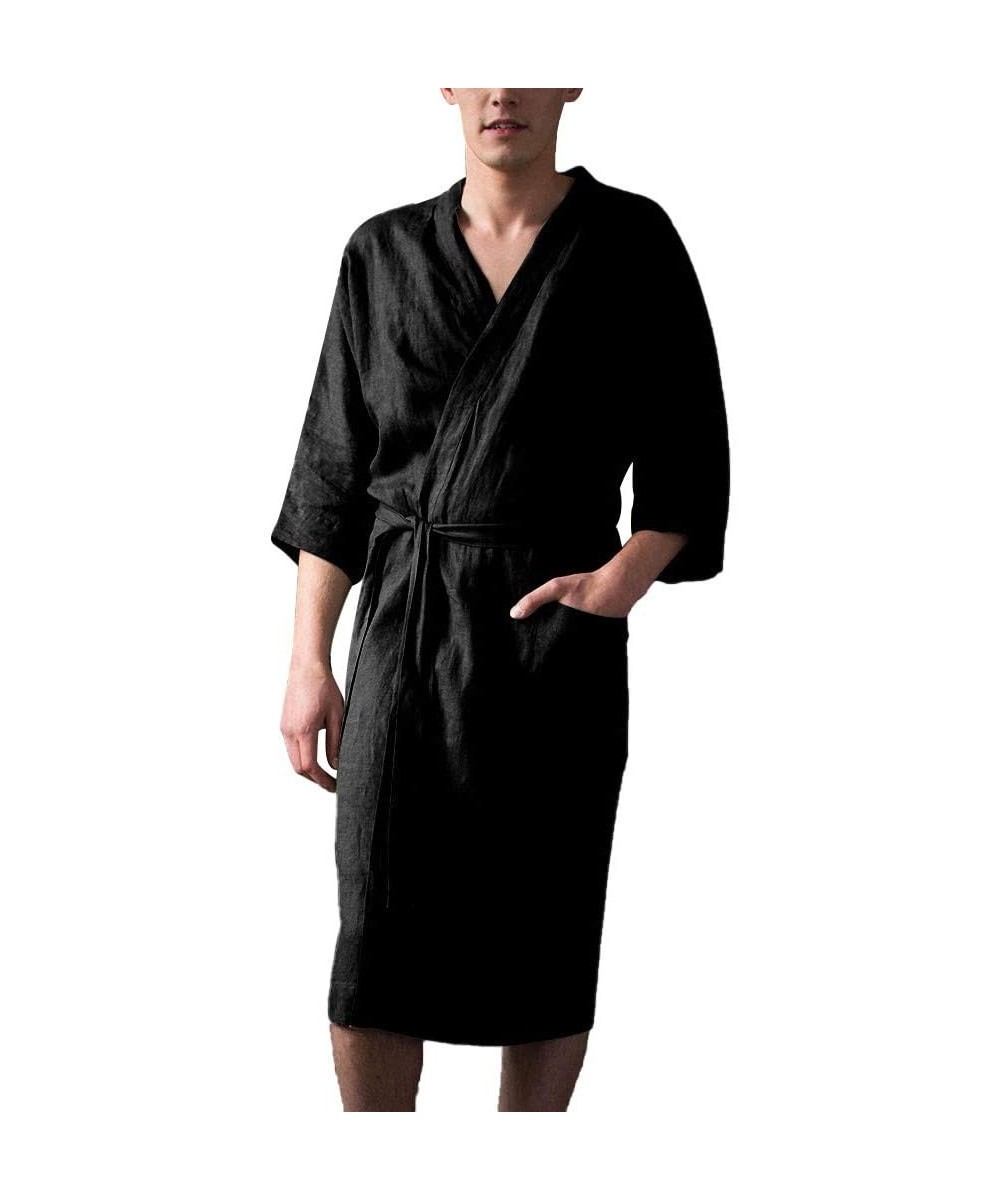 Robes Handsome Linen Bathrobe for Men - Premium Turkish Cotton Weave Lightweight Kimono Robe Casual Kaftan Sleepwear - Black ...