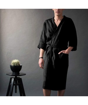 Robes Handsome Linen Bathrobe for Men - Premium Turkish Cotton Weave Lightweight Kimono Robe Casual Kaftan Sleepwear - Black ...