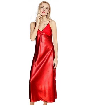 Nightgowns & Sleepshirts Women Sexy Satin Long Nightgown Lace Slip Lingerie Chemise Robe (See Size in Gallery Images) - Red -...