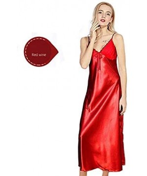 Nightgowns & Sleepshirts Women Sexy Satin Long Nightgown Lace Slip Lingerie Chemise Robe (See Size in Gallery Images) - Red -...