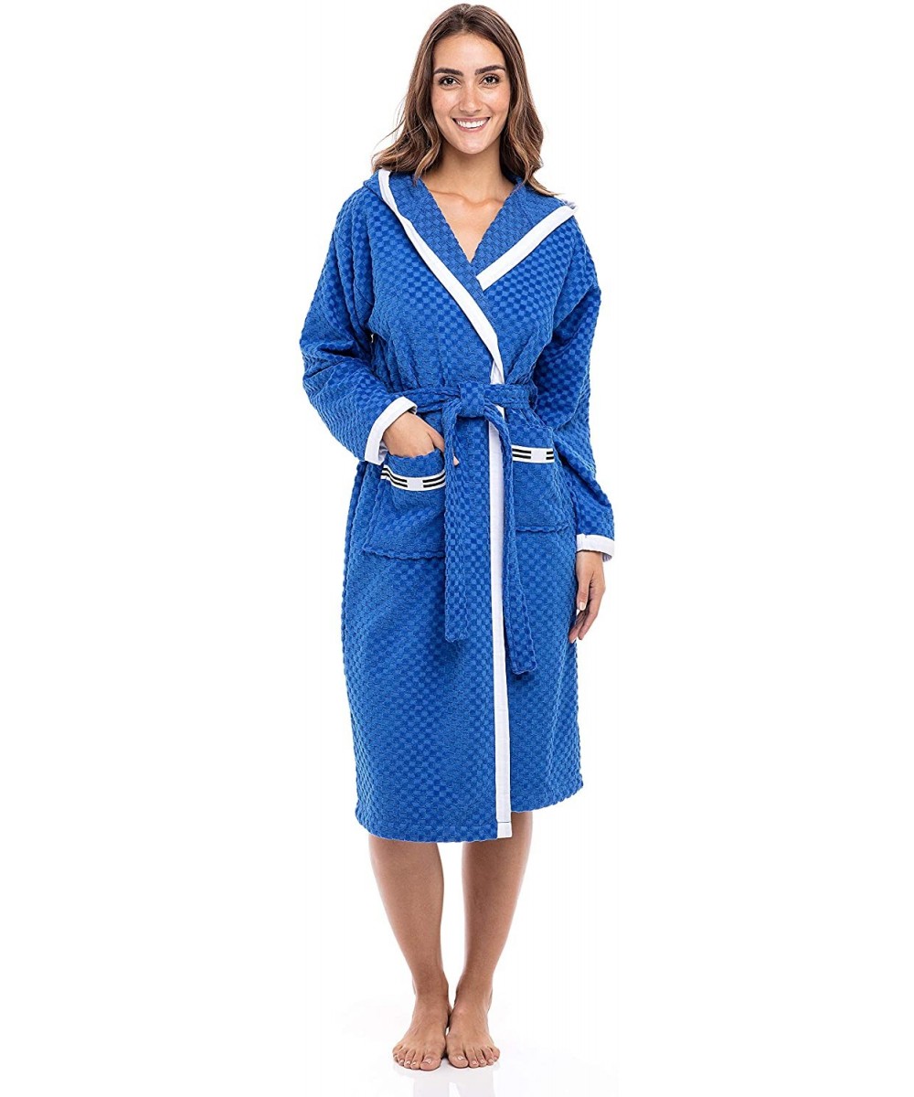 Robes Womens Bathrobes Lightweight Hooded Robe Knee Length Bath Terry Cloth Bath Robe - Blue - C2193YN6T5W