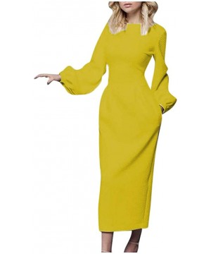 Garters & Garter Belts Womens Solid Casual Dress Elegant Long Sleeve O-Neck Slim Fit Pencil Dresses - Yellow - CO193NQOUI4