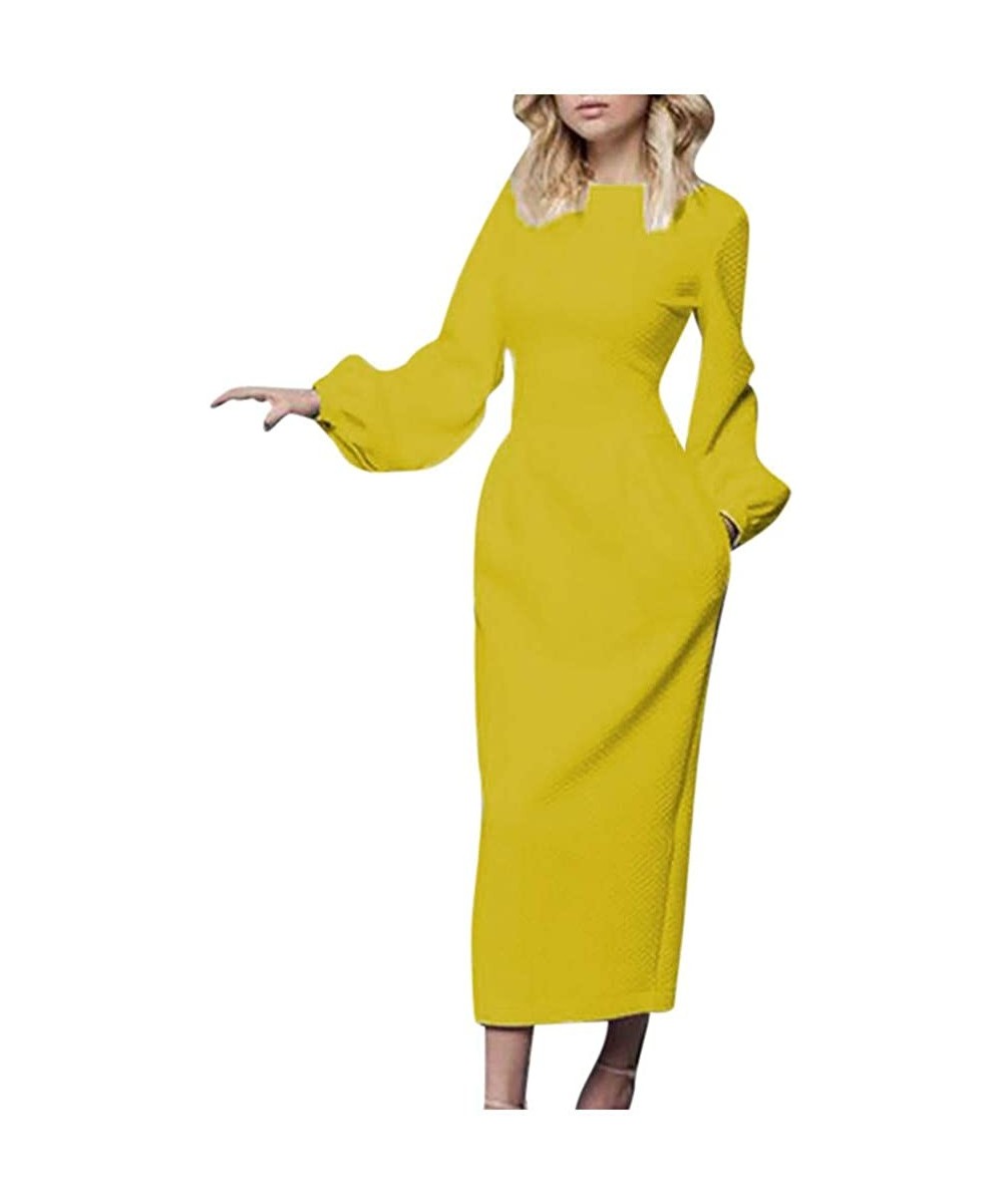 Garters & Garter Belts Womens Solid Casual Dress Elegant Long Sleeve O-Neck Slim Fit Pencil Dresses - Yellow - CO193NQOUI4