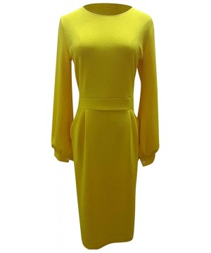 Garters & Garter Belts Womens Solid Casual Dress Elegant Long Sleeve O-Neck Slim Fit Pencil Dresses - Yellow - CO193NQOUI4