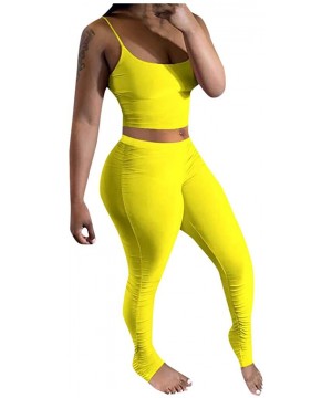 Thermal Underwear Women Casual Home Solid Smooth Ice Silk Camisole Trousers 2 Piece Sports Suit - Yellow - C3190MKEUKQ