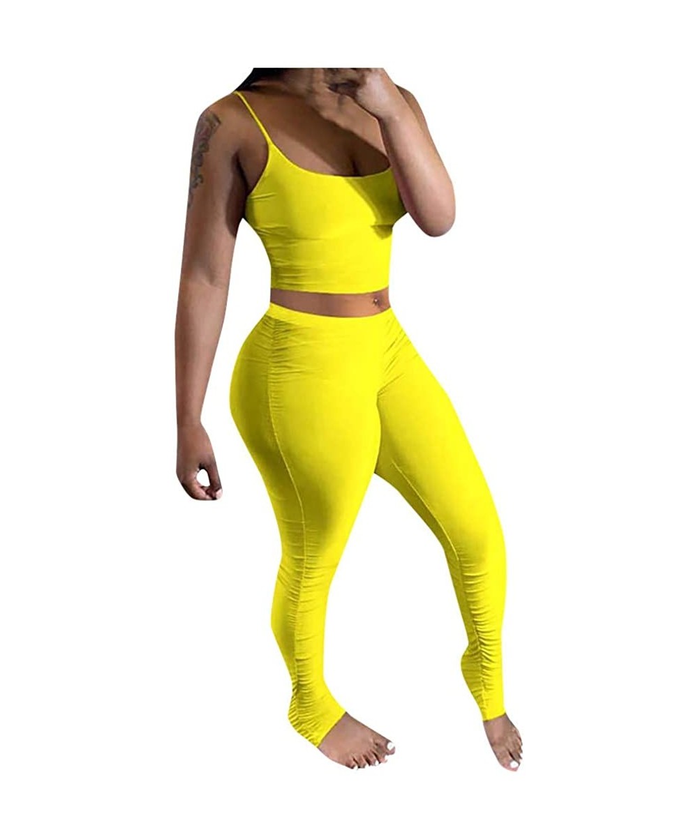 Thermal Underwear Women Casual Home Solid Smooth Ice Silk Camisole Trousers 2 Piece Sports Suit - Yellow - C3190MKEUKQ