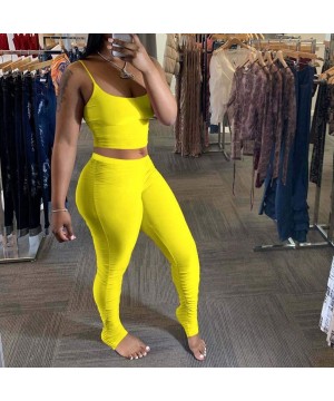 Thermal Underwear Women Casual Home Solid Smooth Ice Silk Camisole Trousers 2 Piece Sports Suit - Yellow - C3190MKEUKQ