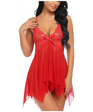 Baby Dolls & Chemises Women Nightwear Plus Size Lace Babydoll Strap Chemise Halter Lingerie - Red - CV193Q3TLZC