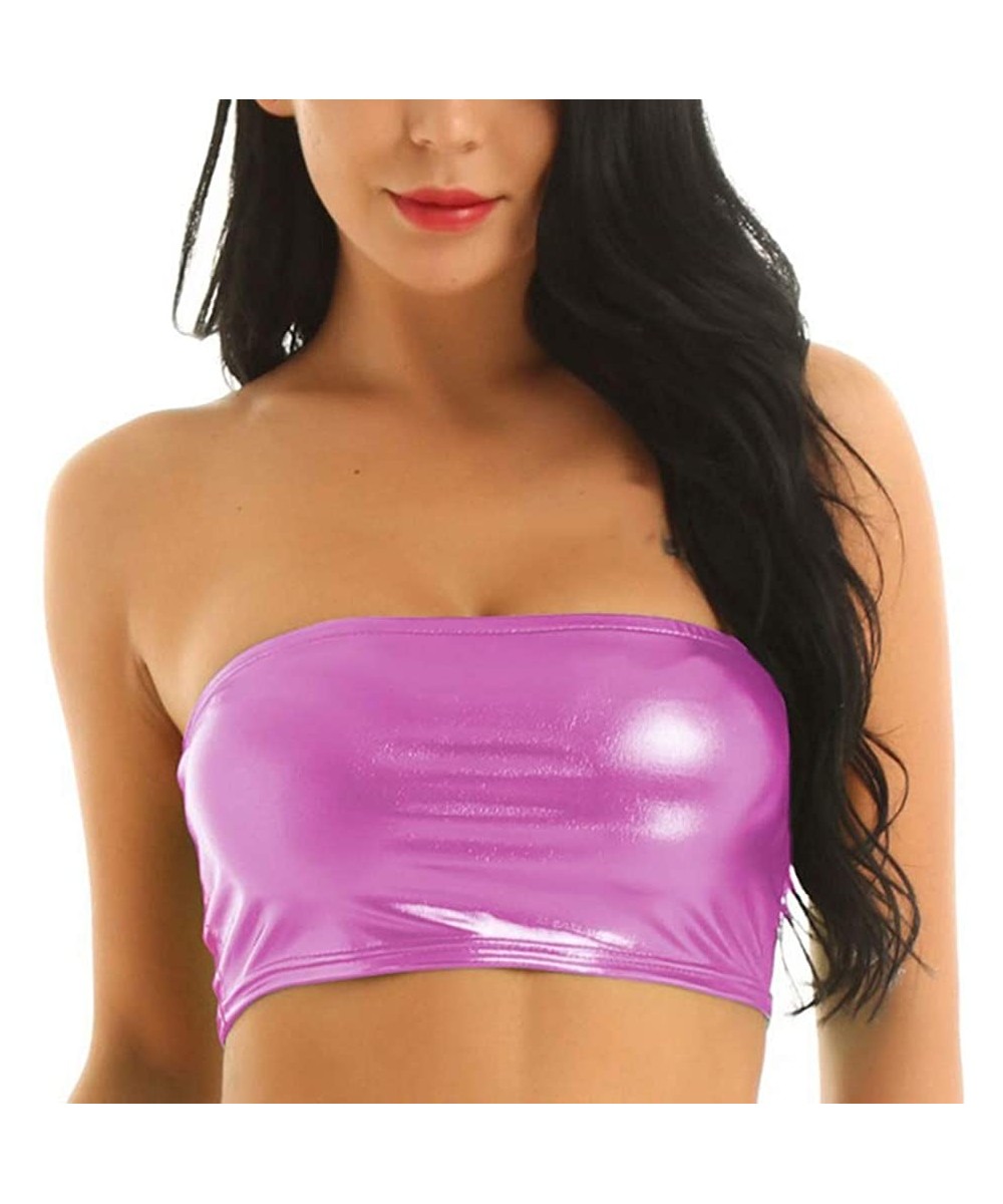 Camisoles & Tanks Ladies Flash Tube Top-Women Sexy Solid Color Shiny Strapless Cropped Tube Top Party Club Bandeau Bra - Pink...