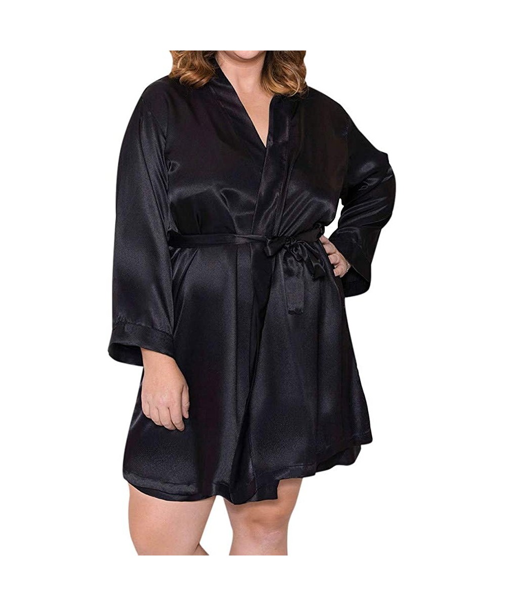 Shapewear Women Sexy Lingerie Silk Lace Belt Medium Long Robe Dress Babydoll Nightgown Sleepwear Black - CO19328L2KO