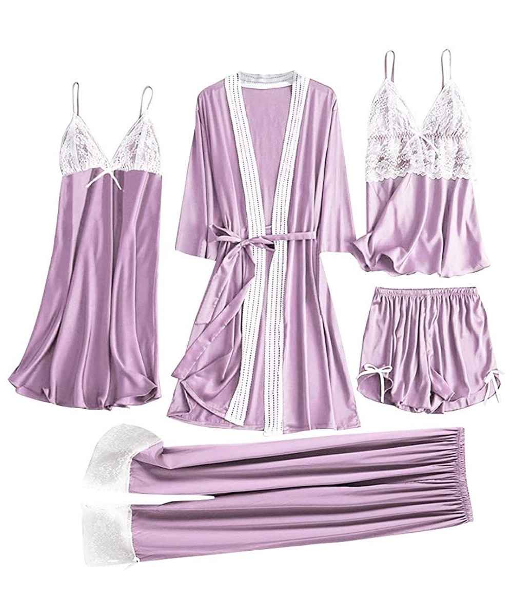 Tops 5Pcs Women Satin Lace Simulation Silk Pajamas Set Camisole Trousers Shorts Nightdress Robe Pajamas Lingerie Purple - C11...