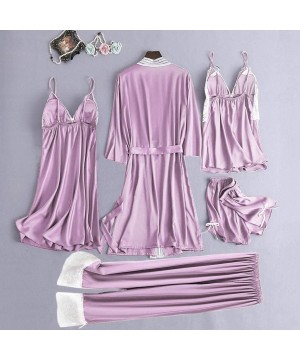 Tops 5Pcs Women Satin Lace Simulation Silk Pajamas Set Camisole Trousers Shorts Nightdress Robe Pajamas Lingerie Purple - C11...