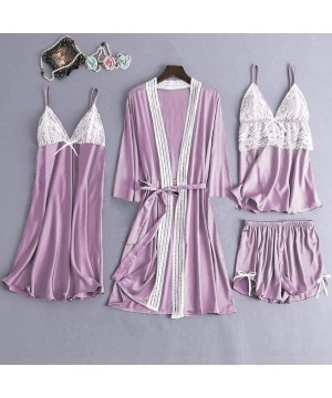 Tops 5Pcs Women Satin Lace Simulation Silk Pajamas Set Camisole Trousers Shorts Nightdress Robe Pajamas Lingerie Purple - C11...