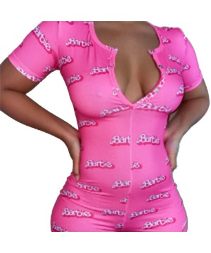 Sets Women Sexy Short Jumpsuit Long Sleeve V Neck Bodysuit Bodycon Overall Romper Summer Pajamas Sleepwear Pjs Set E pink - C...