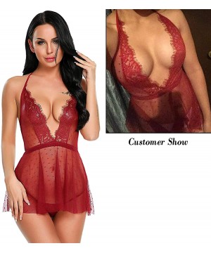 Baby Dolls & Chemises Women Deep V-Neck Lingerie Lace Mesh See Through Babydoll Set Chemise Nightwear Outfits - Dark Red(5219...