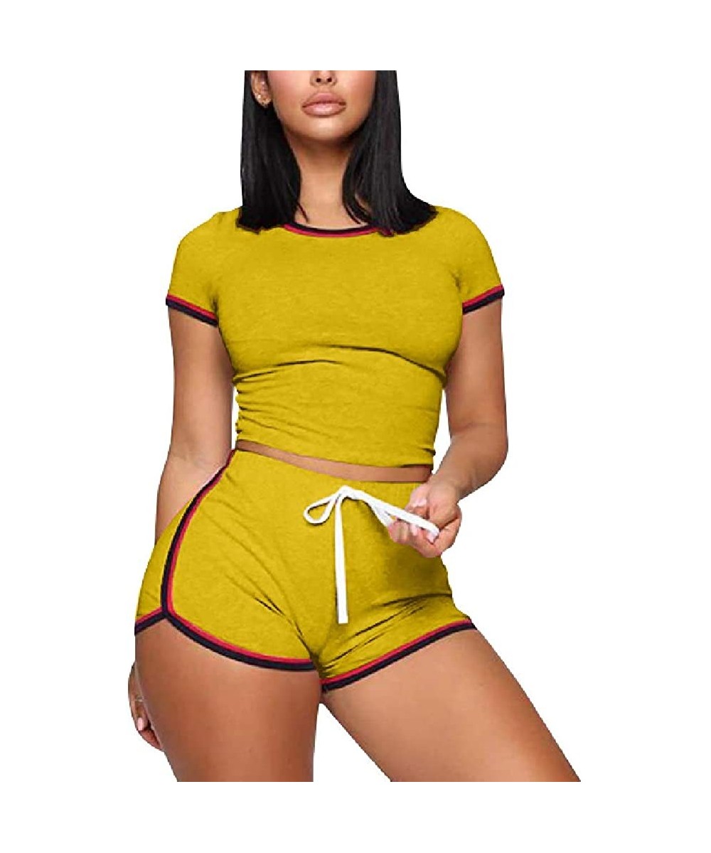 Sets Women Summer 2 Piece Outift Bodycon Short Sleeve Top and Drawsting Pant Short Sets Tracksuit - Yellow - C3198D2RYR7