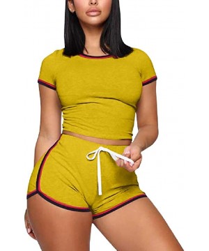 Sets Women Summer 2 Piece Outift Bodycon Short Sleeve Top and Drawsting Pant Short Sets Tracksuit - Yellow - C3198D2RYR7