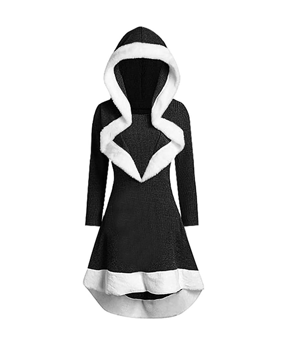 Garters & Garter Belts Womens Vintage Dress Winter Christmas Long Sleeve Patchwork Hooded Party Dress - A Black - CU192G4EI4I