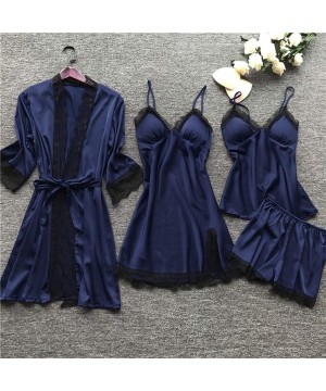 Shapewear Women Lingerie-Sexy Lingerie Women Silk Lace Robe Dress Babydoll Nightdress Sleepwear Kimono - Navy - CG193D7W3D3