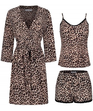 Sets Women's Printed Robe Set with Chemise and Shorts 3 Piece Sleep Loungewear - Brown Leopard - CA19CRQNY59