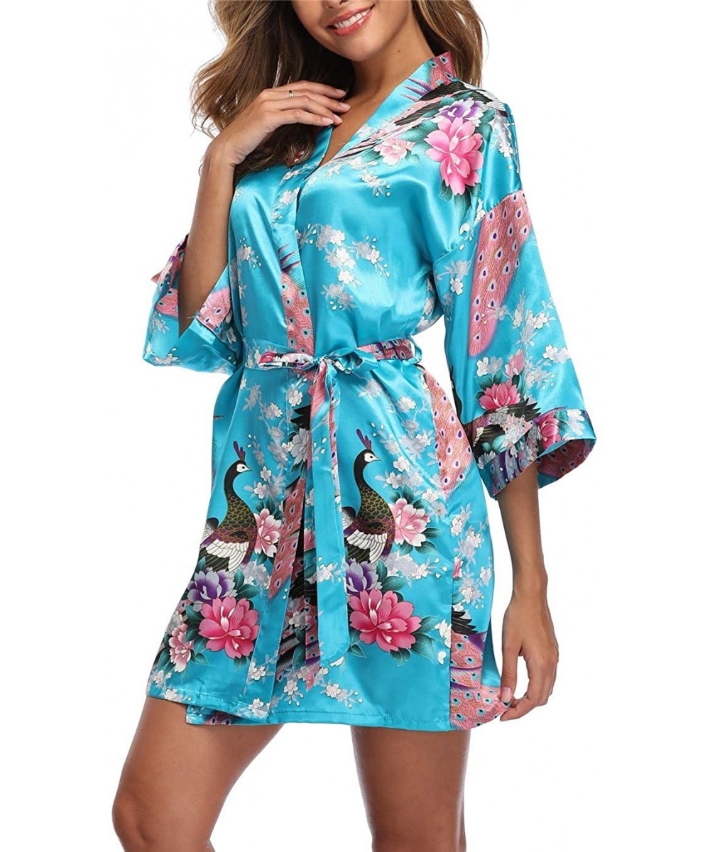 Robes Womens Peacock Pattern Robes Satin Short Loungewear Nightwear Dressing Gown - Lake Blue - CG198Q5S9TN