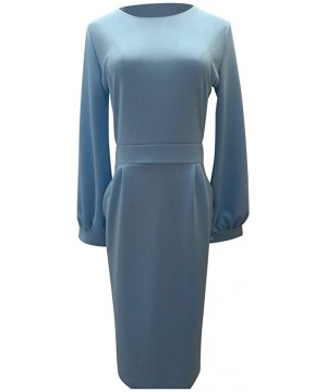 Garters & Garter Belts Womens Solid Casual Dress Elegant Long Sleeve O-Neck Slim Fit Pencil Dresses - Light Blue - C1193NQHZT7