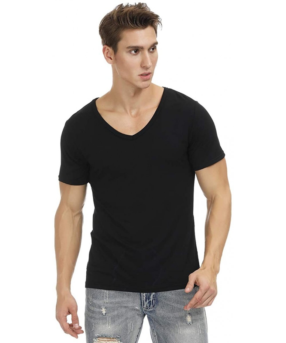 Undershirts Men's Undershirt Short Sleeve V Neck with Sweat Pads EcoWear Bamboo T Shirt - Black - C118AHXWG40