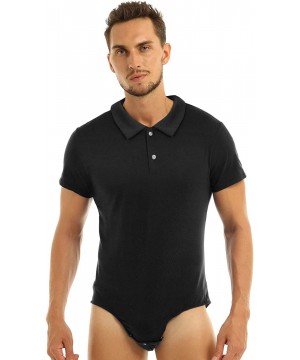 Undershirts Men's Short Sleeve Turn-Down Collar Button Crotch Shirt Leotard Bodysuit Snappies Undershirts - Black - C218SYAWDCC