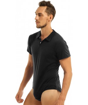 Undershirts Men's Short Sleeve Turn-Down Collar Button Crotch Shirt Leotard Bodysuit Snappies Undershirts - Black - C218SYAWDCC