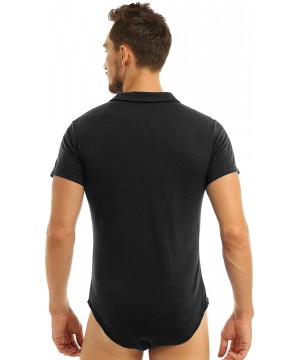 Undershirts Men's Short Sleeve Turn-Down Collar Button Crotch Shirt Leotard Bodysuit Snappies Undershirts - Black - C218SYAWDCC