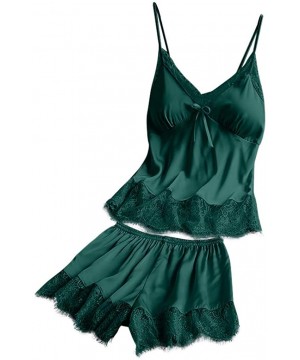 Sets 2020 Women V-Neck Eyelash Silk Lace Lingerie Sexy Stain Camisole Pajamas Bowknot Shorts Set - Green - CT193YROU9A