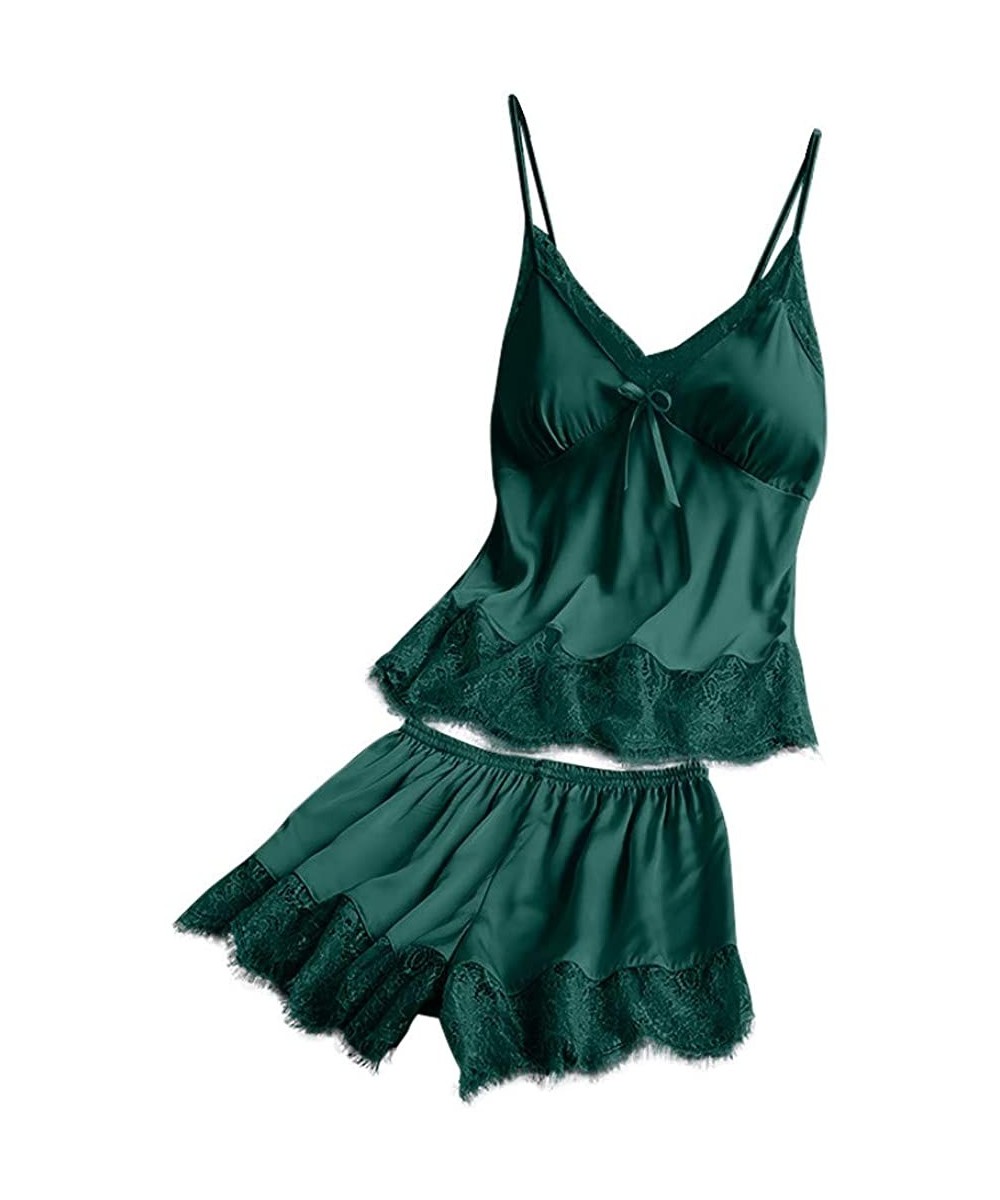 Sets 2020 Women V-Neck Eyelash Silk Lace Lingerie Sexy Stain Camisole Pajamas Bowknot Shorts Set - Green - CT193YROU9A