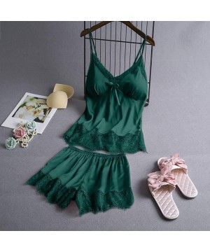 Sets 2020 Women V-Neck Eyelash Silk Lace Lingerie Sexy Stain Camisole Pajamas Bowknot Shorts Set - Green - CT193YROU9A