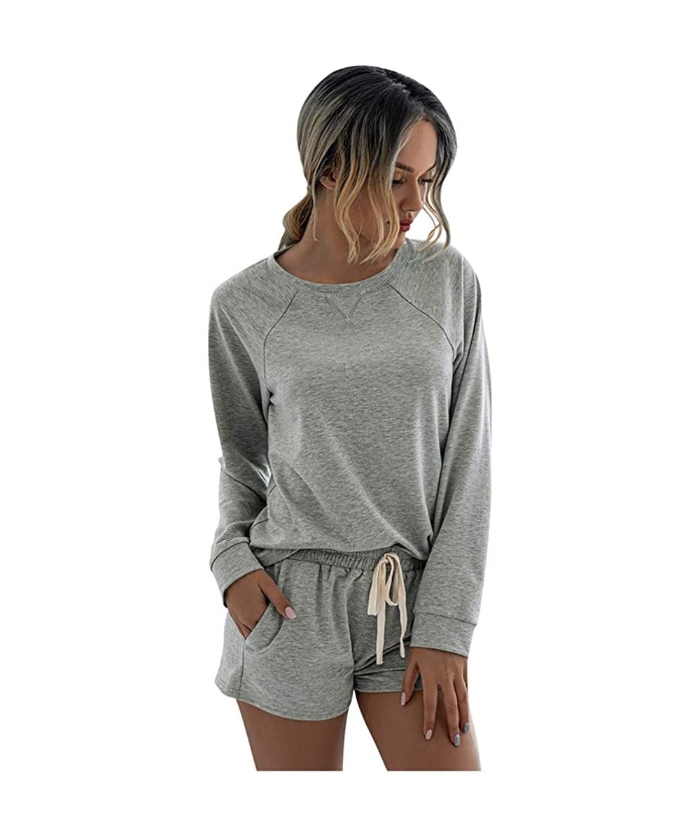 Sets Women's Pajama Set Long Sleeve Tops Elastic Drawstring Shorts Set Nightwear Loungewear with Pockets - Gray - CD19DHU5Q30