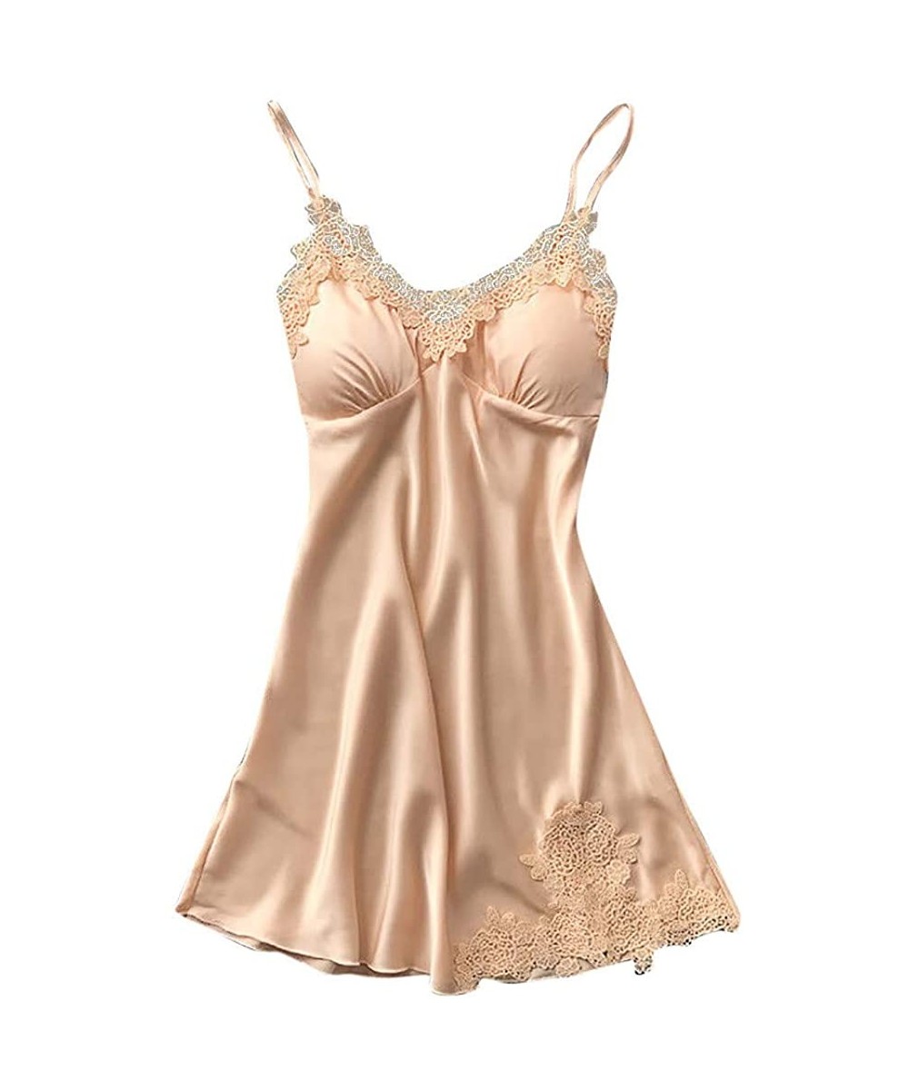 Bras Lingerie Satin Lace Set of 2 Suit Sexy Nightdress Full Slips Sleepwear(S-XXXL) - 1 Pcs Nightskirt-beige - CM193CCLYN2