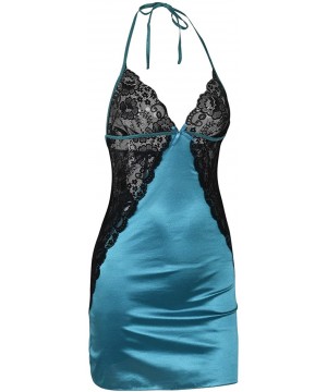 Nightgowns & Sleepshirts Women Lingerie Sexy Chemise V Neck Lace Babydoll Sleepwear with G-String - Lake Blue-1 - C018D5UKDUQ