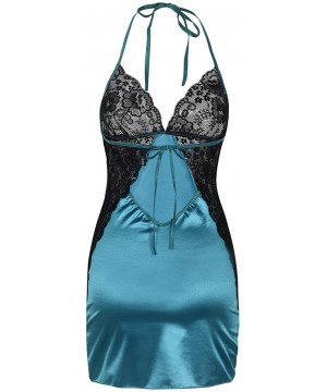 Nightgowns & Sleepshirts Women Lingerie Sexy Chemise V Neck Lace Babydoll Sleepwear with G-String - Lake Blue-1 - C018D5UKDUQ