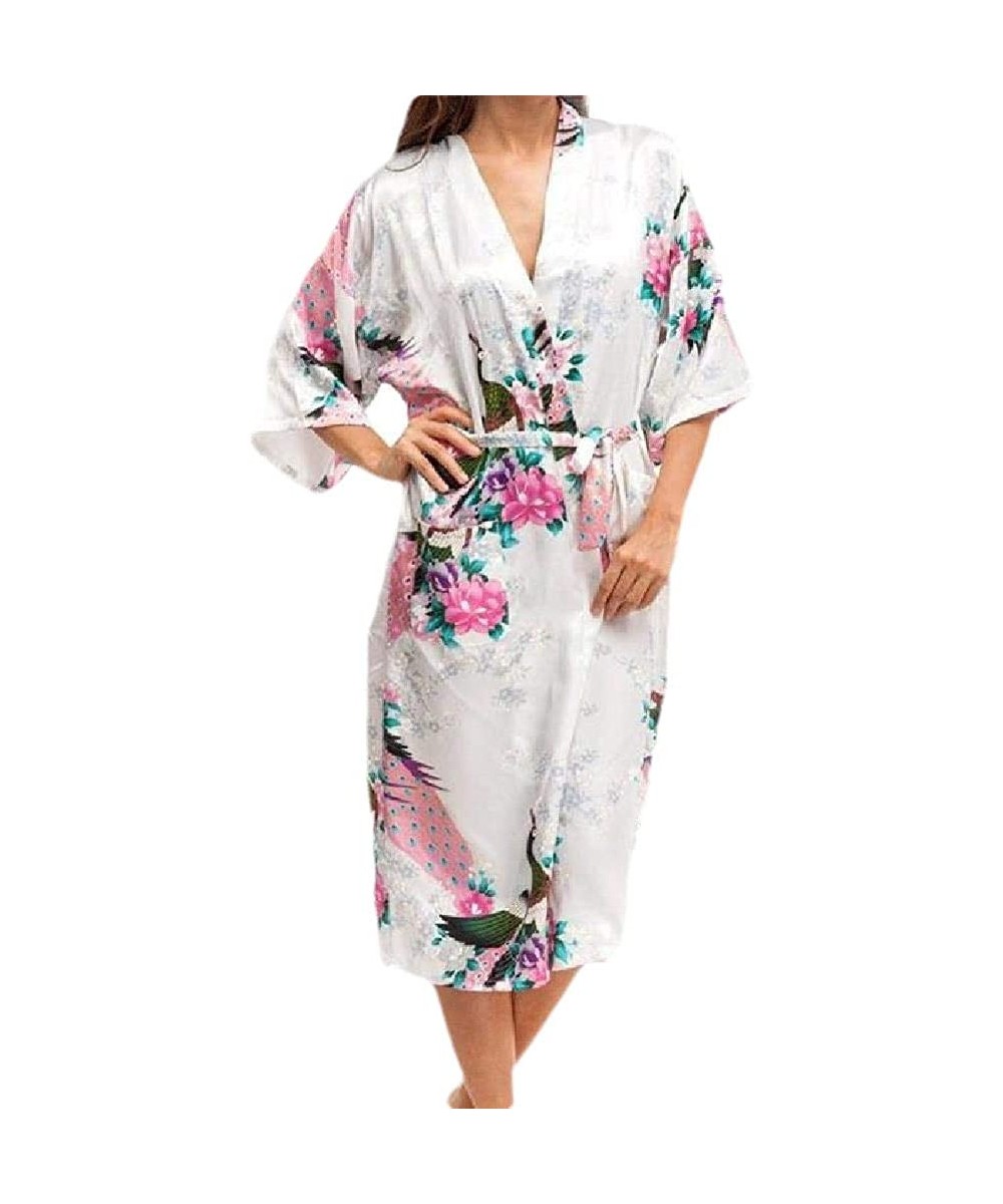 Robes Women Soft Plush 3/4 Sleeve Comfort Charmeuse Floral Printed Hoodie Robe - White - CW199SI8R0E