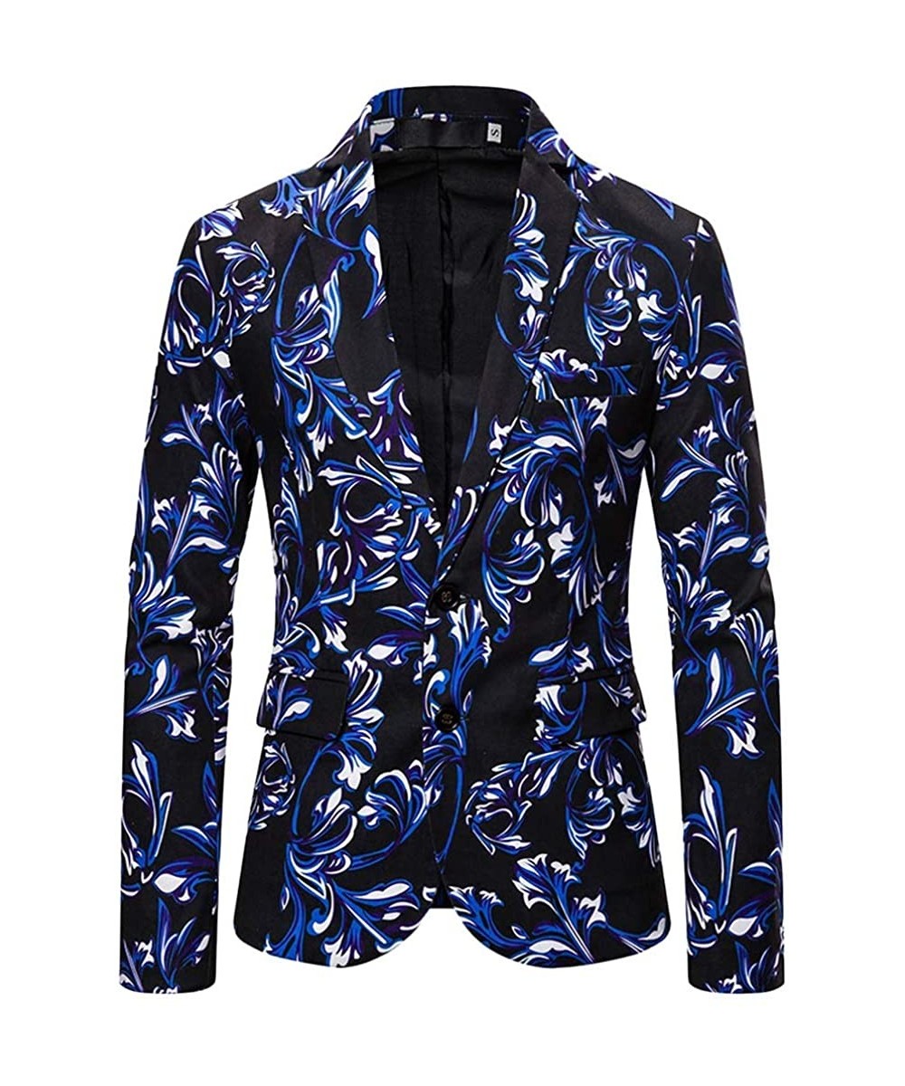 Thermal Underwear Mens Print Business Dress Suit-Two Button Slim Fit Formal Party Jacket Blazer - Blue - CC18A692QI2