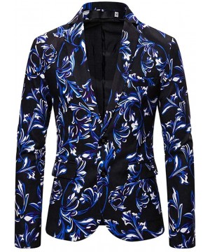 Thermal Underwear Mens Print Business Dress Suit-Two Button Slim Fit Formal Party Jacket Blazer - Blue - CC18A692QI2