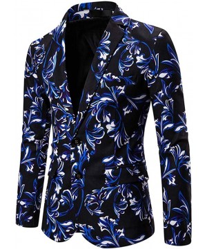 Thermal Underwear Mens Print Business Dress Suit-Two Button Slim Fit Formal Party Jacket Blazer - Blue - CC18A692QI2