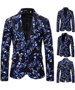 Thermal Underwear Mens Print Business Dress Suit-Two Button Slim Fit Formal Party Jacket Blazer - Blue - CC18A692QI2