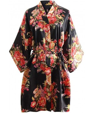 Robes Womens Floral Kimono Robe Short Flower Print Dressing Gowns Bride Bridesmaids - Black - CQ18R5NSL0X