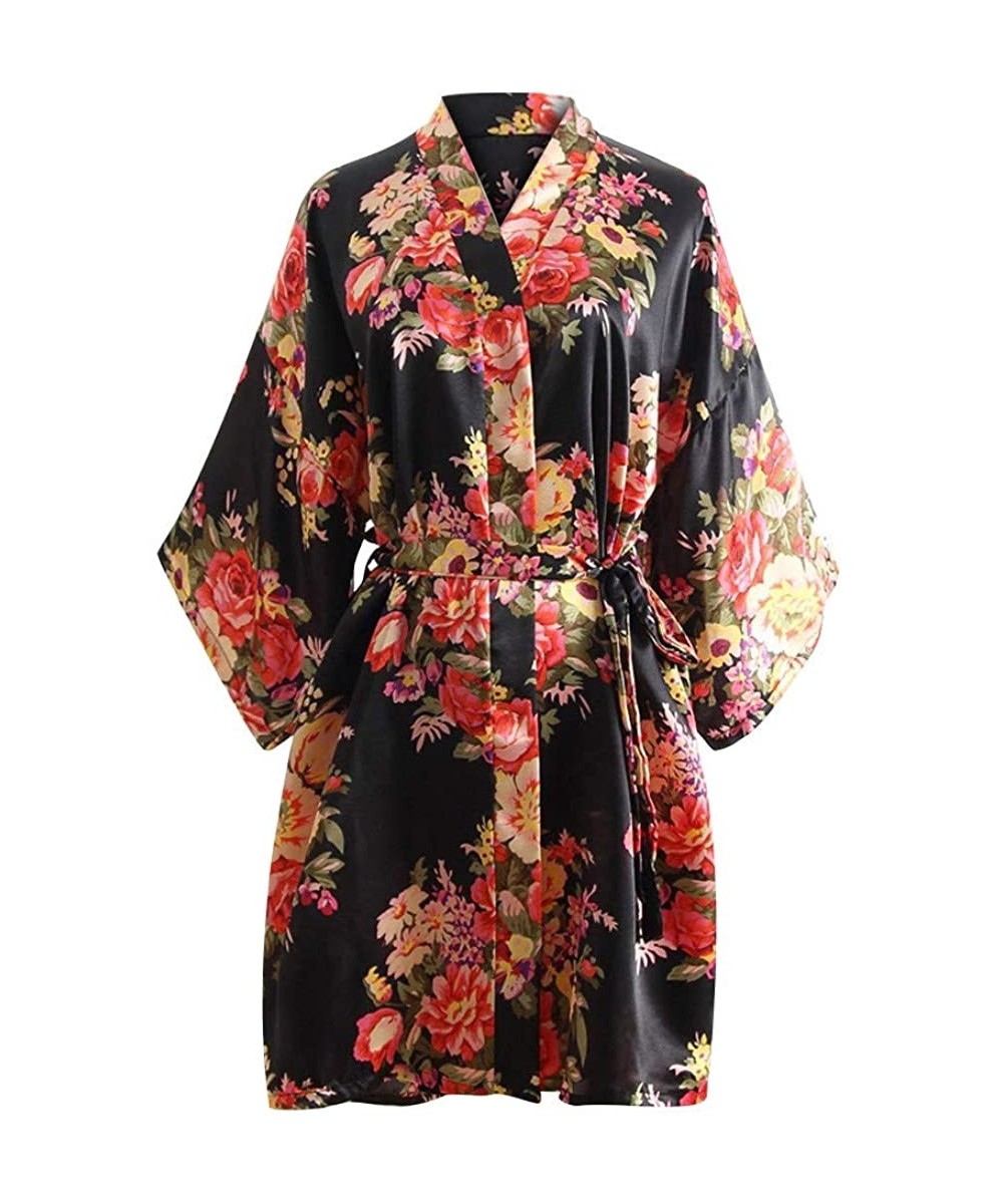 Robes Womens Floral Kimono Robe Short Flower Print Dressing Gowns Bride Bridesmaids - Black - CQ18R5NSL0X