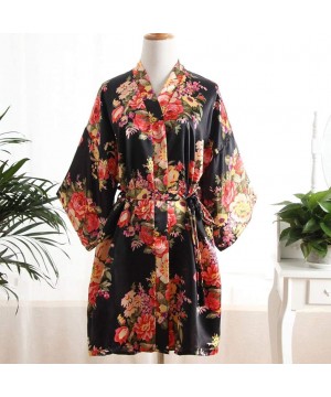 Robes Womens Floral Kimono Robe Short Flower Print Dressing Gowns Bride Bridesmaids - Black - CQ18R5NSL0X